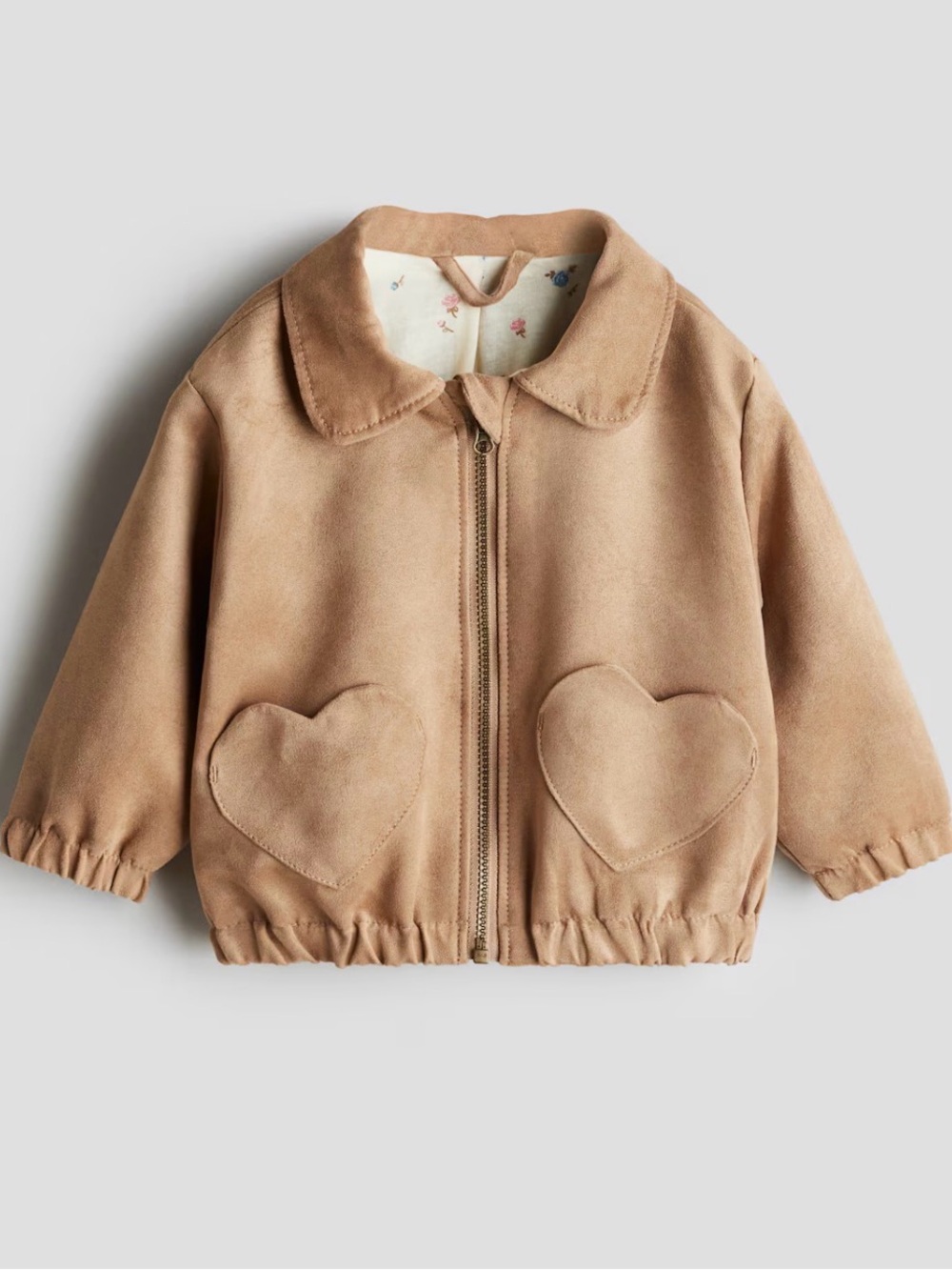 NEW H&M Baby Girl 6-9M Napped Jacket Suede-Look Heart Pocket Tan Brown Fall